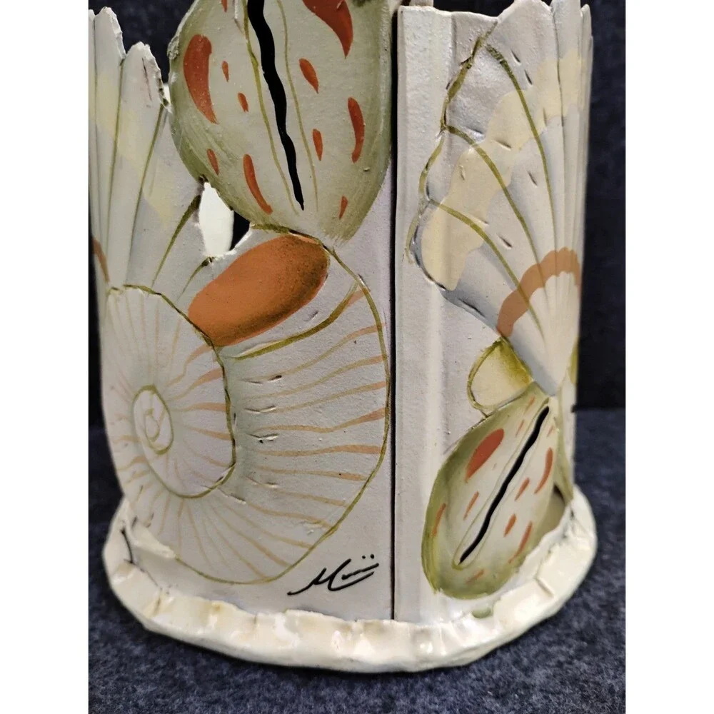 Vintage Coastal Seashell Motif Handmade Metal Candle Holder Artist Signed 5